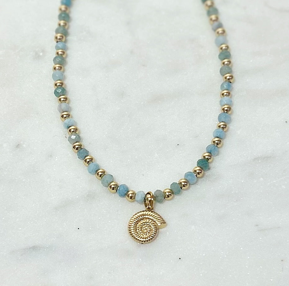 Beaded Aquamarine Swirly Shell Necklace