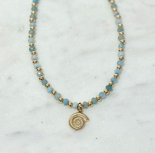 Beaded Aquamarine Swirly Shell Necklace