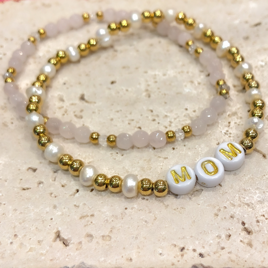MOM Rose Quartz Pearl Bracelet Stack