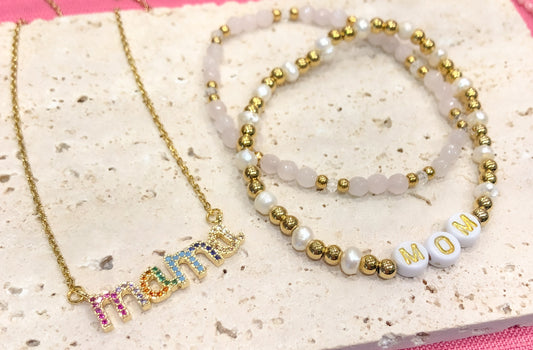 MOM Rose Quartz Pearl Bracelet Stack