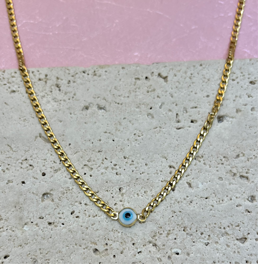 White + Blue Evil Eye Curb Chain Choker