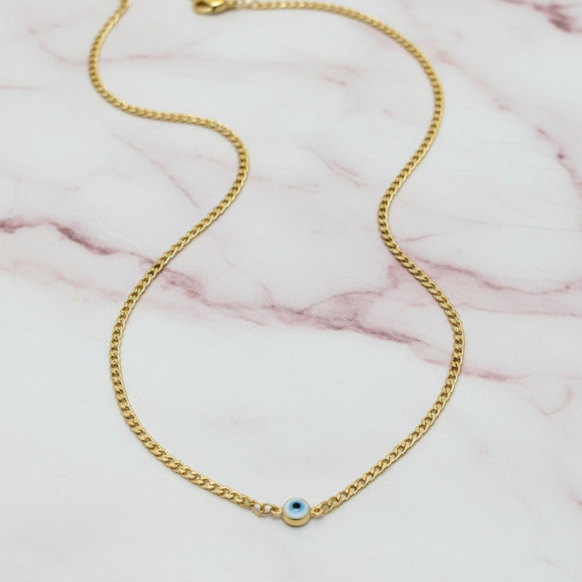 White + Blue Evil Eye Curb Chain Choker