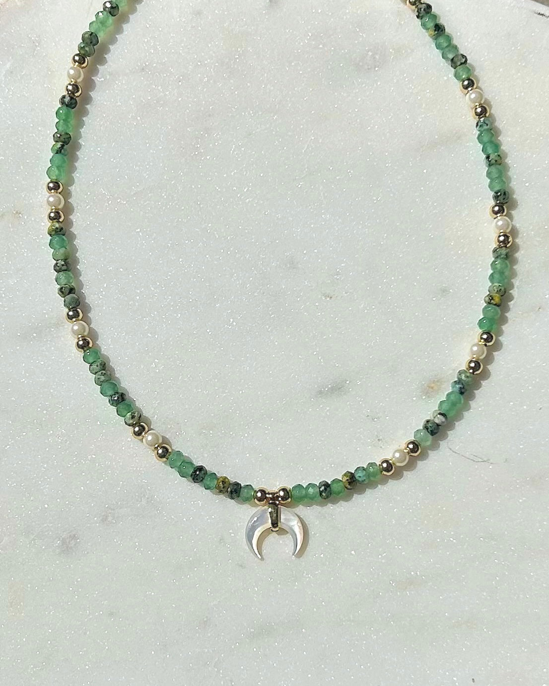 Jade & Pearl Beaded Shell Moon Necklace