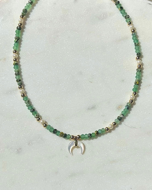 Jade & Pearl Beaded Shell Moon Necklace