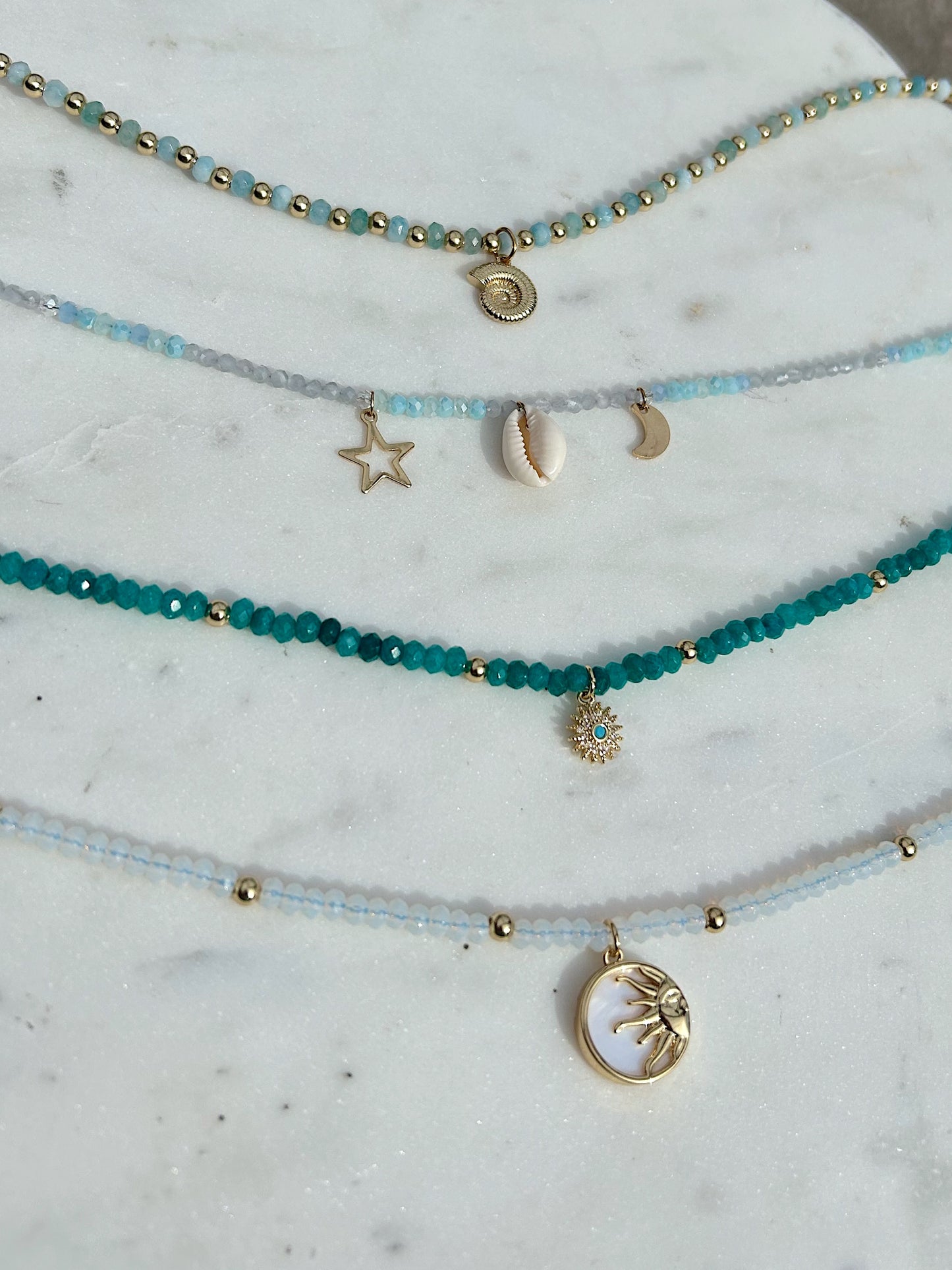 Beaded Aquamarine Swirly Shell Necklace