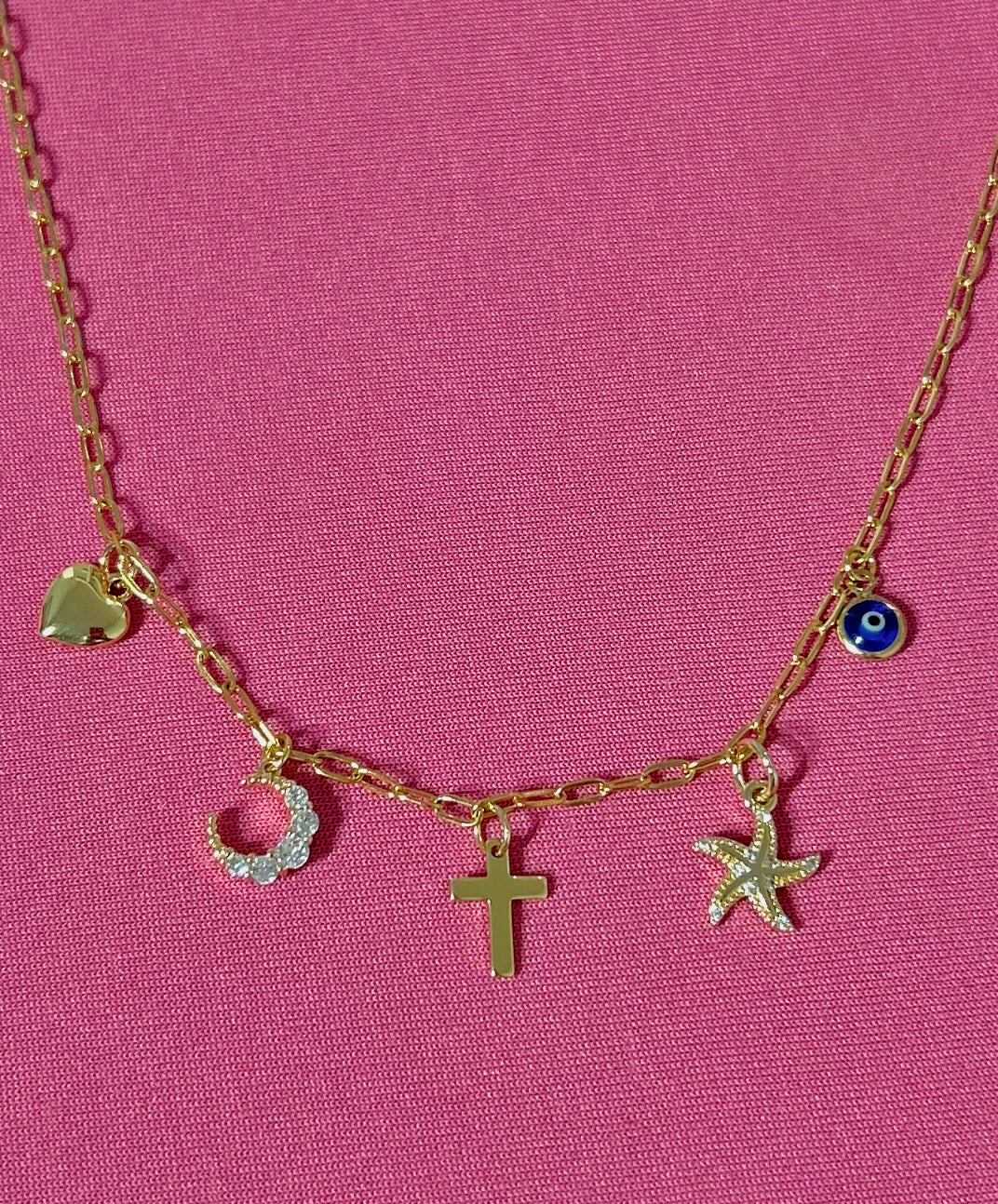5 Charm Necklace (puffy heart, zirconia moon, simple cross, zirconia starfish, blue eye)