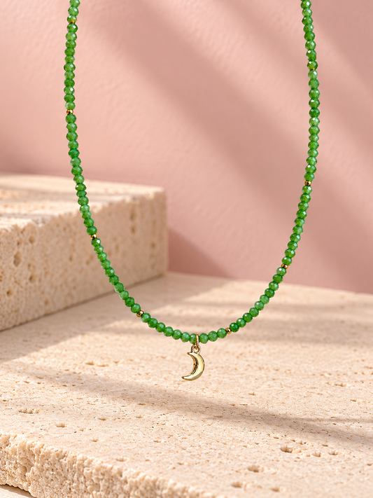 One Of It's Kind- Emerald Glass Beaded Crescent Moon