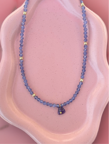 Beaded Amethyst Necklace with Amethyst Chip Pendant