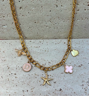 Custom Initial 5 Charm Pink Necklace (Bee, Letter, Starfish, Clover, Heart)