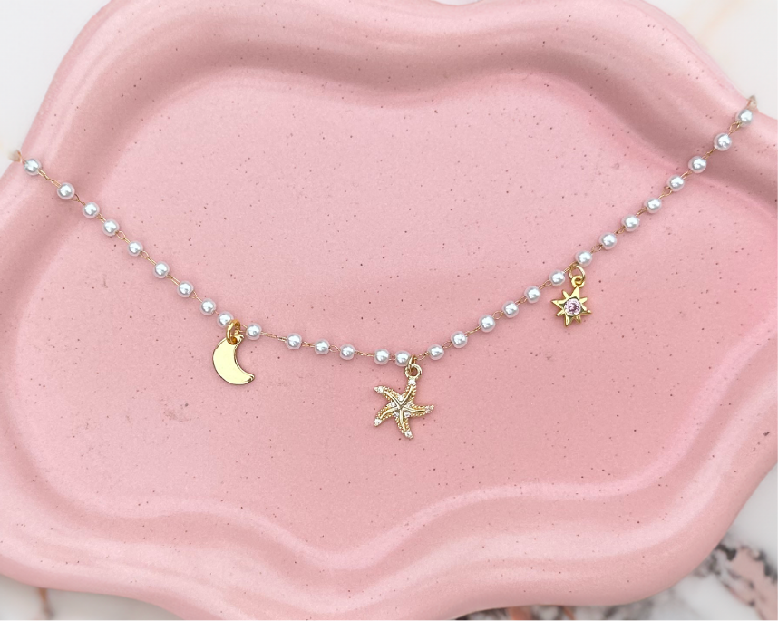 Pearl Chain 3 Charm Necklace