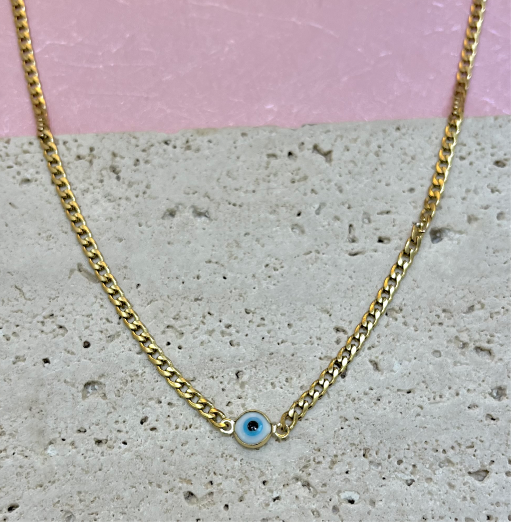 White + Blue Evil Eye Curb Chain Choker