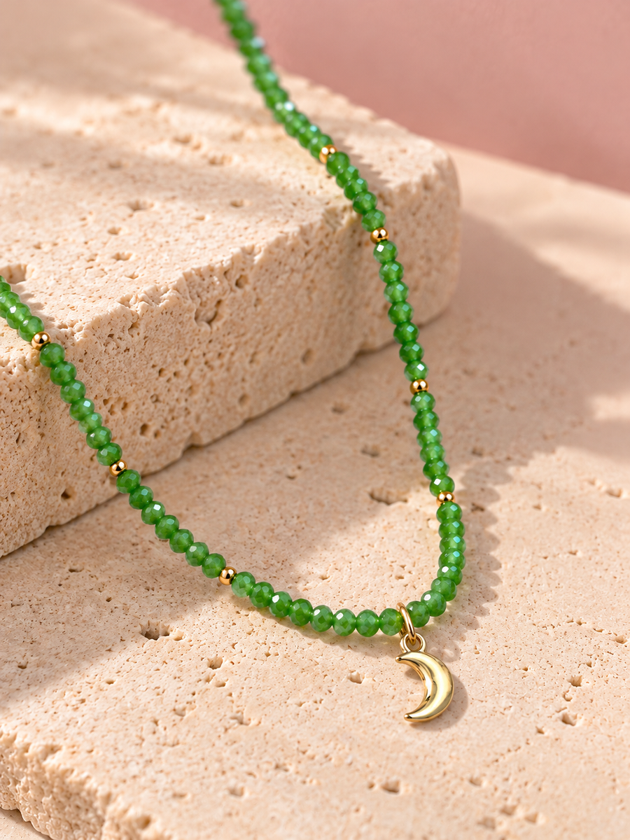 One Of It's Kind- Emerald Glass Beaded Crescent Moon