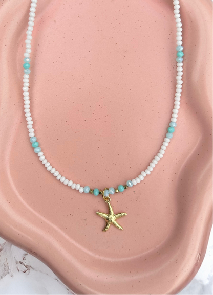 Beaded Aquamarine Mix Starfish Necklace