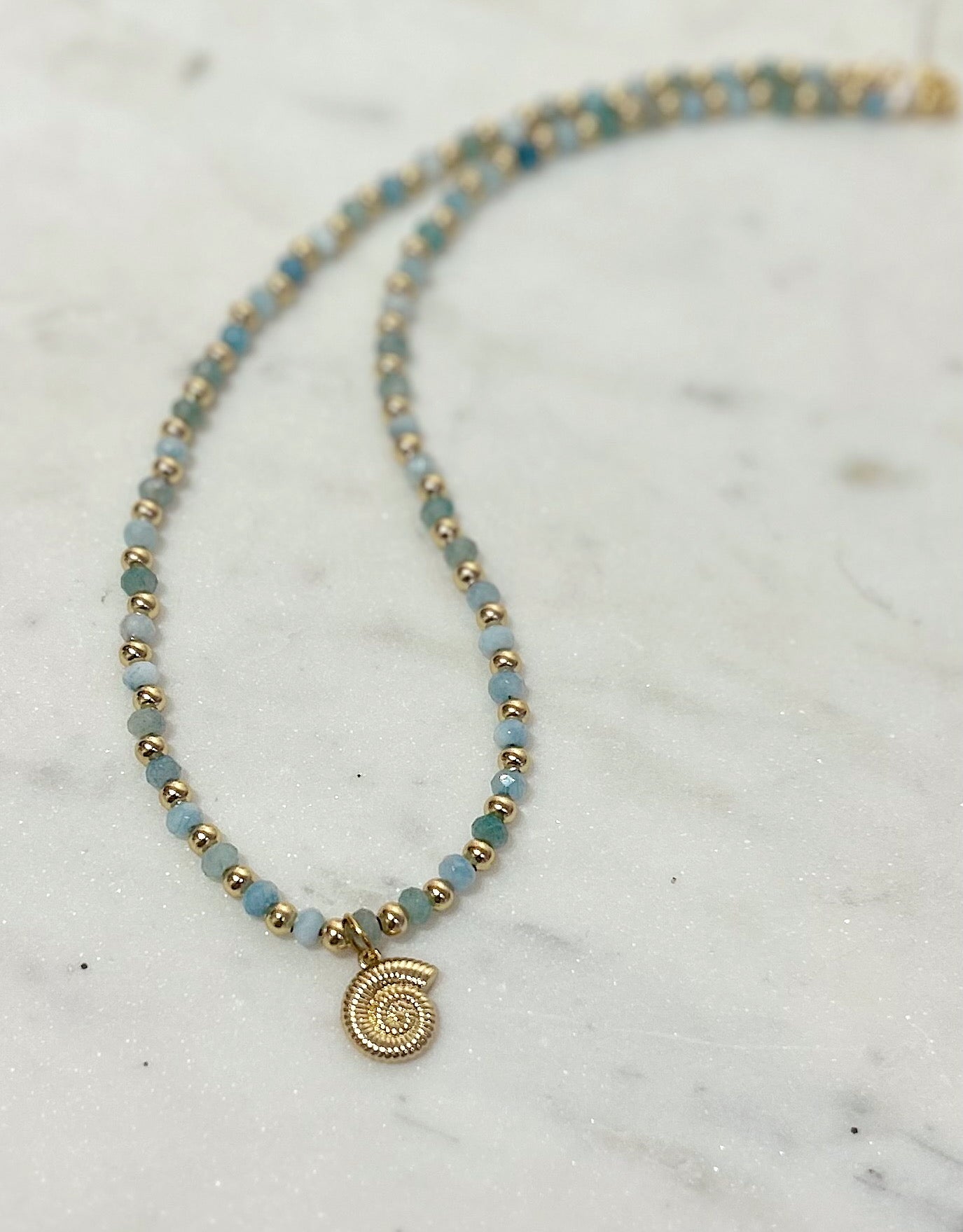 Beaded Aquamarine Swirly Shell Necklace