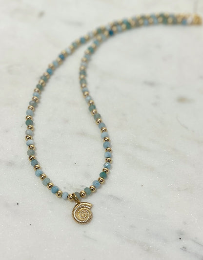 Beaded Aquamarine Swirly Shell Necklace