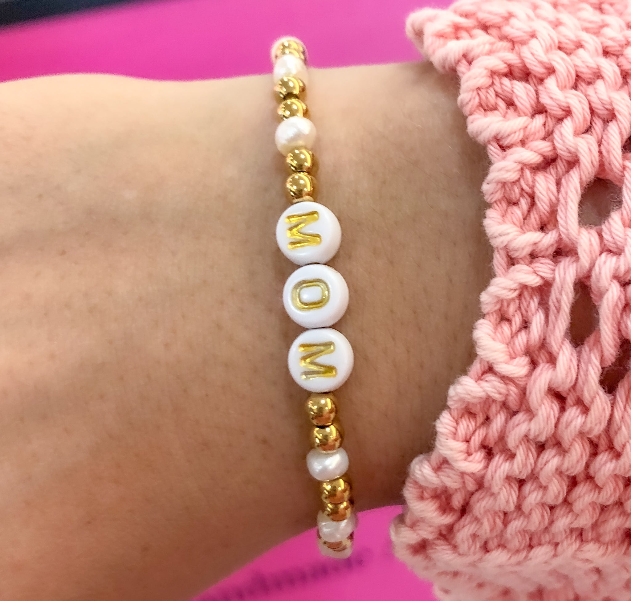 MOM Rose Quartz Pearl Bracelet Stack