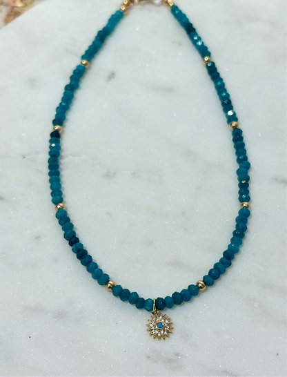 Beaded Apatite Turquoise Sun Necklace
