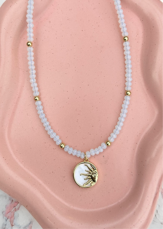 Beaded Opal Half Pearl Sun Necklace