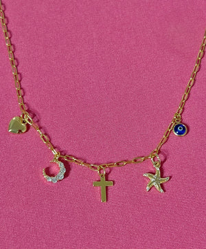 5 Charm Necklace (puffy heart, zirconia moon, simple cross, zirconia starfish, blue eye)