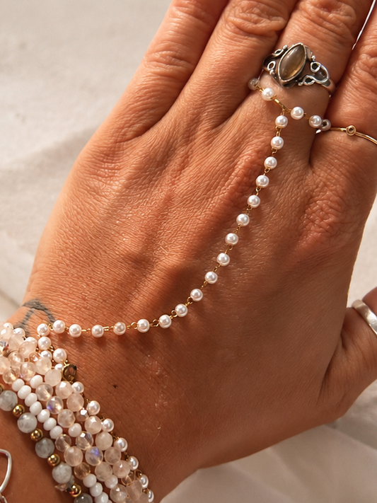 Hand Chain- Gold Round Pearl