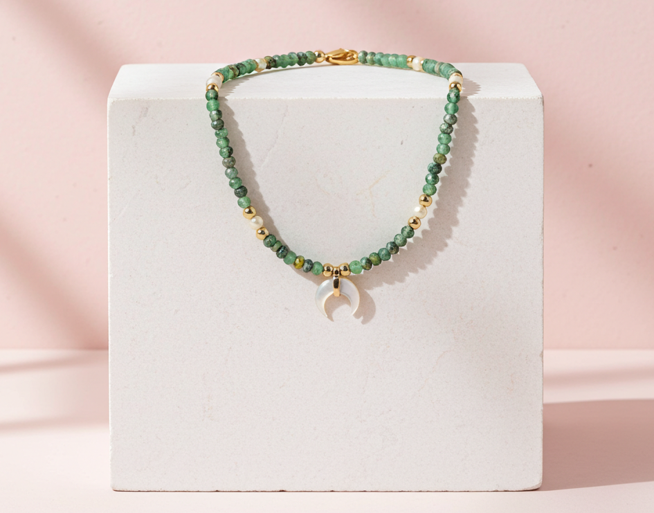 Jade & Pearl Beaded Shell Moon Necklace