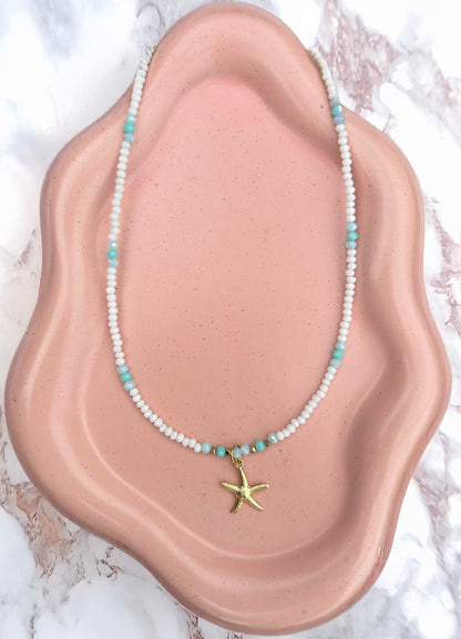 Beaded Aquamarine Mix Starfish Necklace