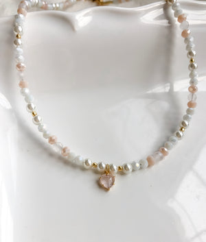 Beaded Rose Quartz Heart choker