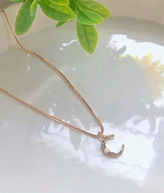 Rainbow Pearl Moon Necklace