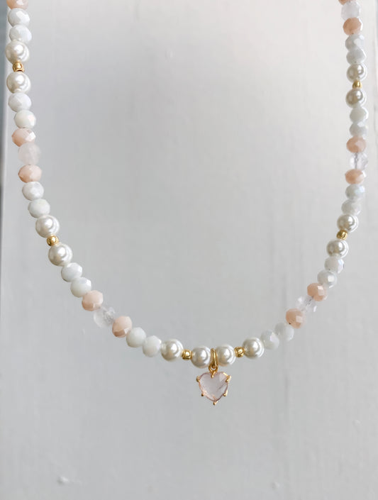Beaded Rose Quartz Heart choker
