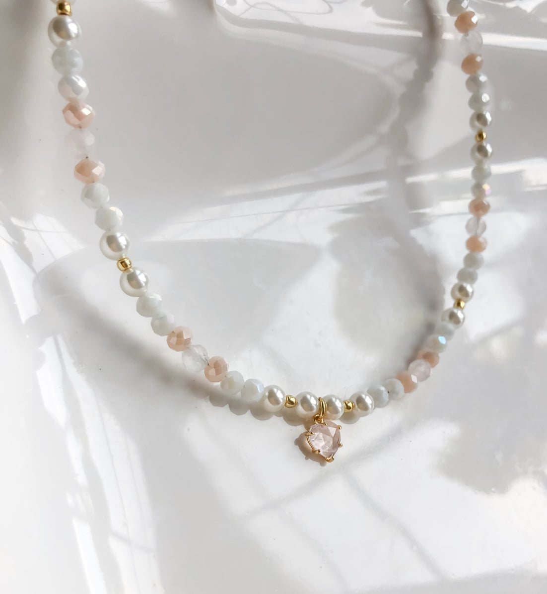 Beaded Rose Quartz Heart Necklace